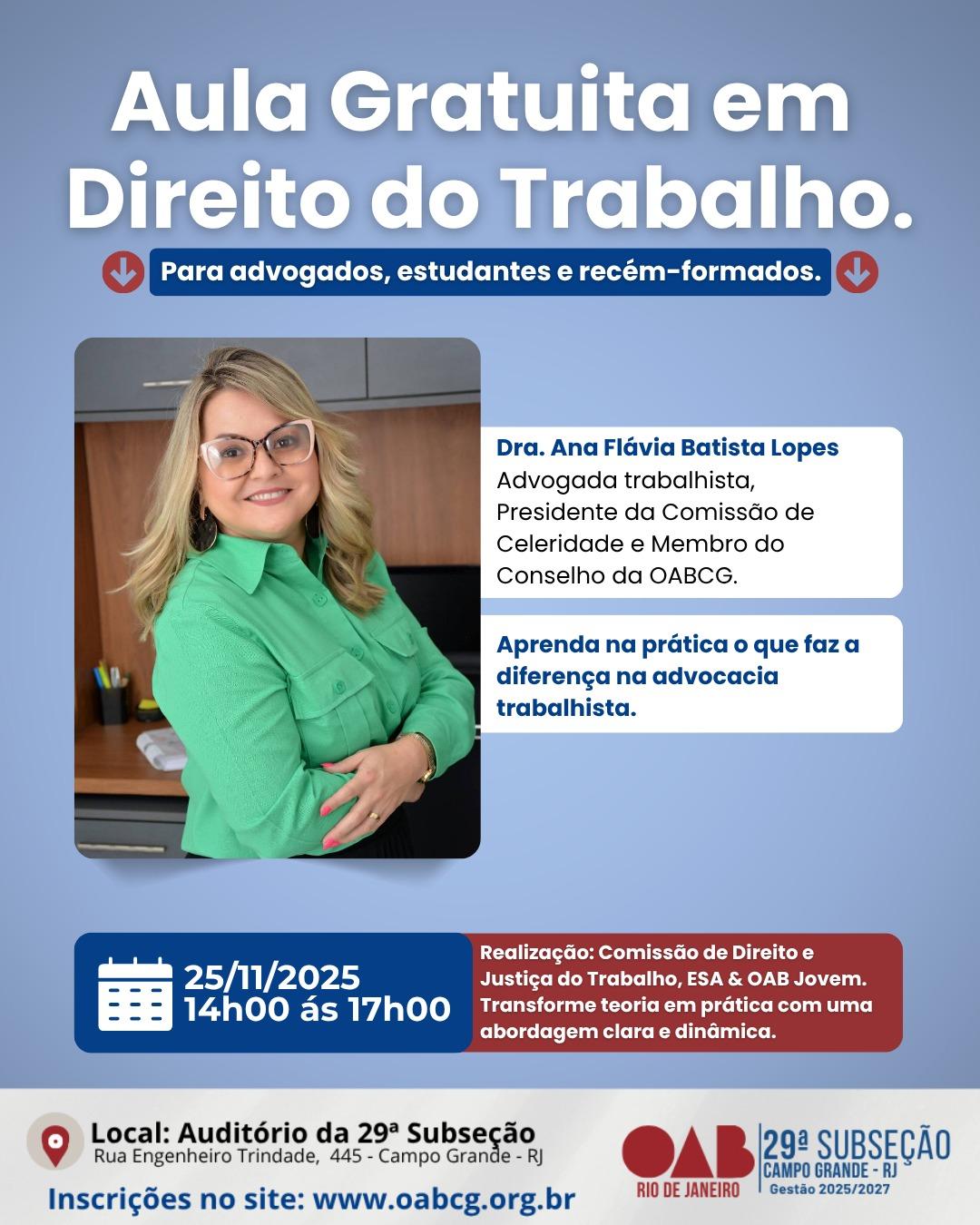 Dia 25 de Novembro - Aula Gratuita em Direito do Trabalho.